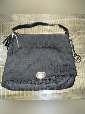 Michael Kors Black MK Logo Hobo Shoulder Bag with Gold Charm